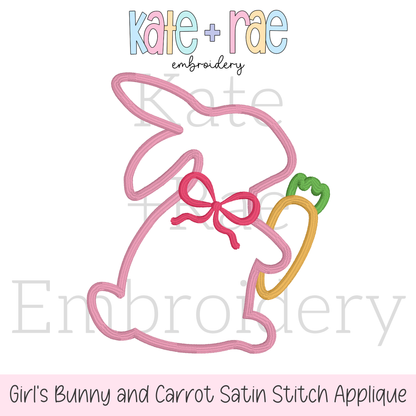 Girl's Easter Bunny with Carrot and Bow Satin Stitch Applique Embroidery Design