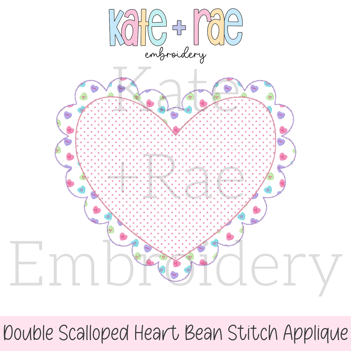 Scalloped Double Heart Bean Stitch Applique Embroidery Design: Design preview of a pink polka dot double scalloped heart for bean stitch applique