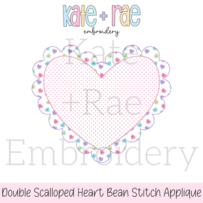 Scalloped Double Heart Bean Stitch Applique Embroidery Design