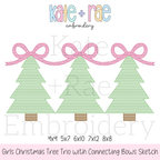Girls Christmas Tree Trio with Connecting Bows Sketch Stitch Embroidery Design: Design preview of three green sketch stitch Christmas trees linked by pink bows, available in 4x4, 5x7, 6x10, 7x12, and 8x8