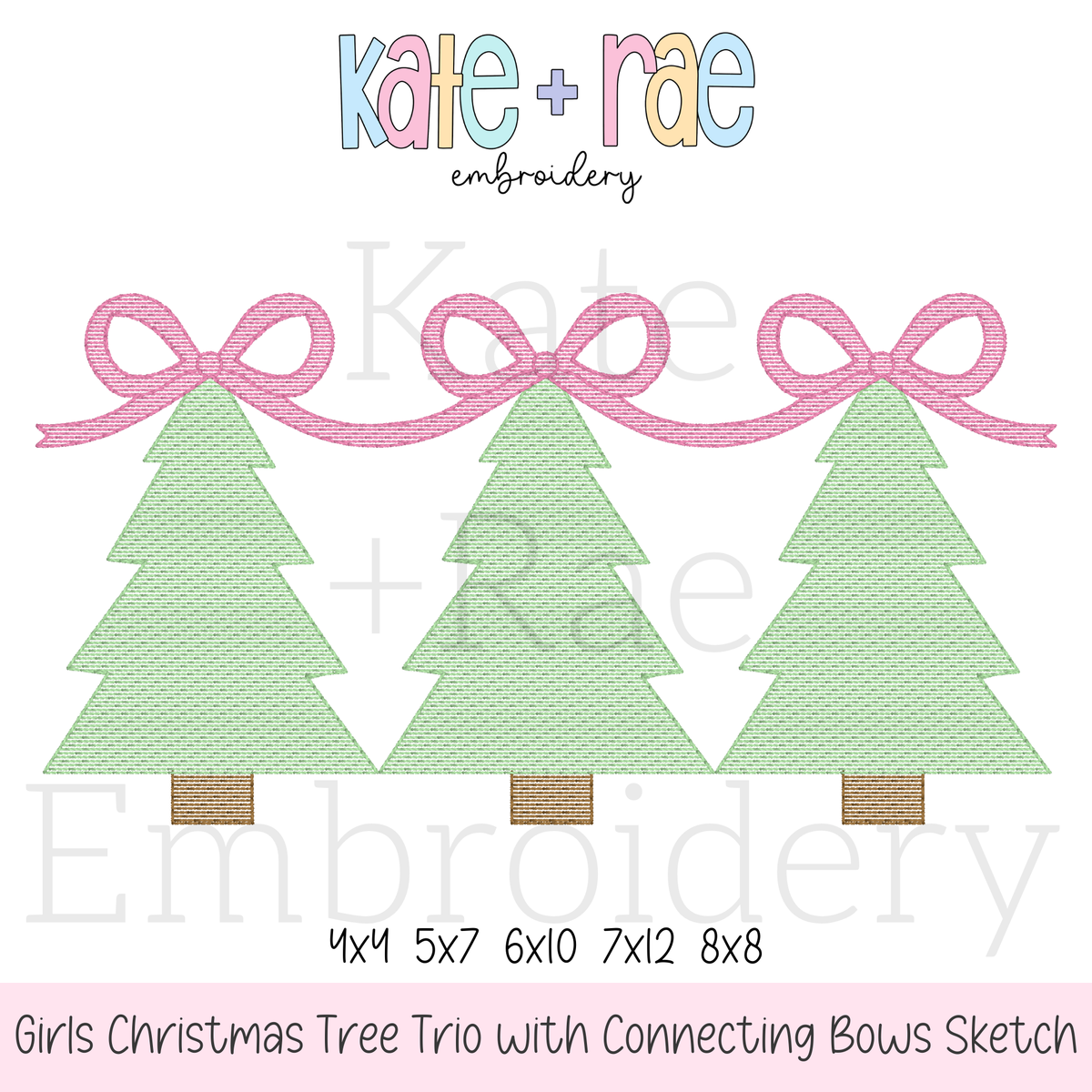 Girls Christmas Tree Trio with Connecting Bows Sketch Stitch Embroidery Design: Design preview of three green sketch stitch Christmas trees linked by pink bows, available in 4x4, 5x7, 6x10, 7x12, and 8x8