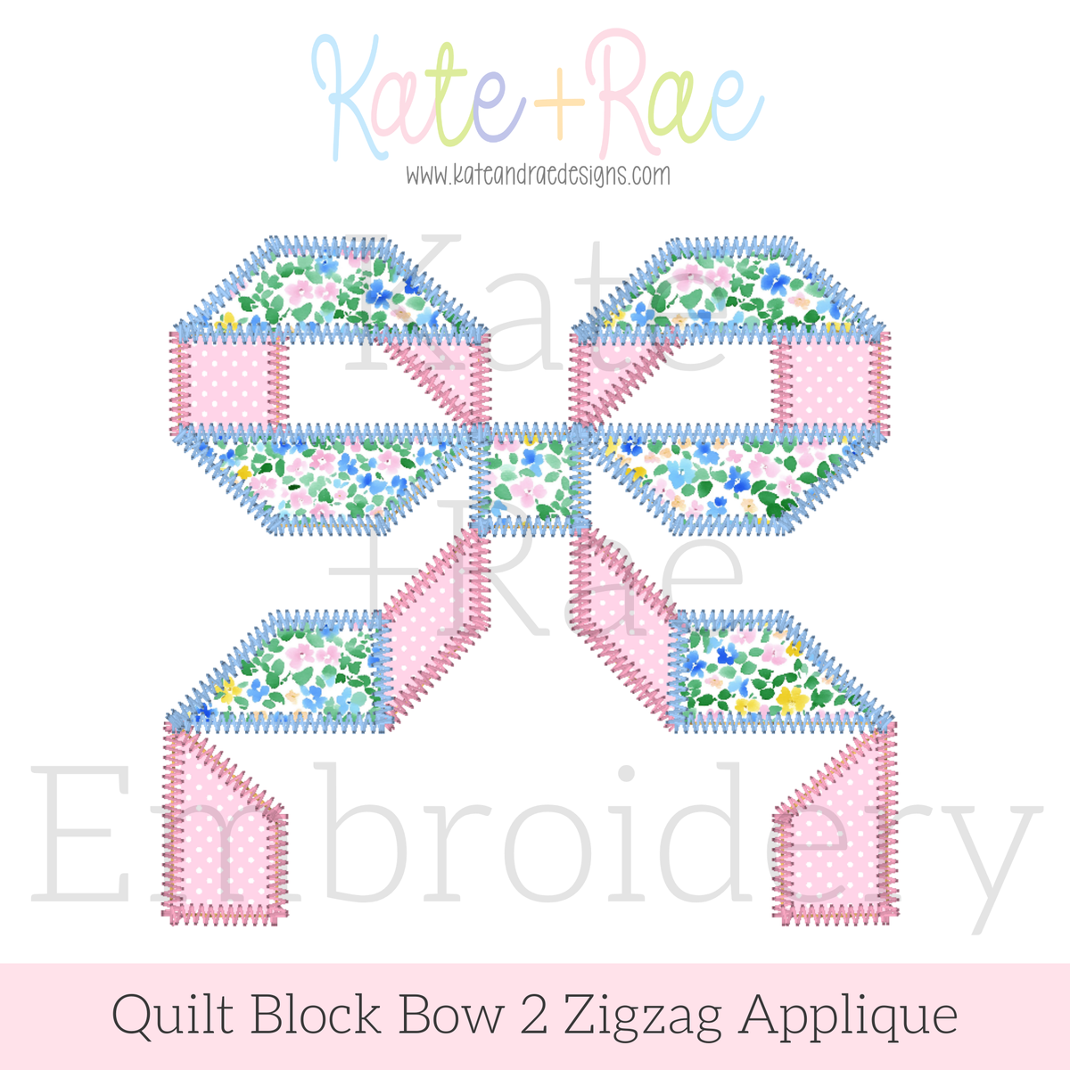 Quilt Block Bow 2 Zigzag Applique Embroidery Design: Design preview of a second style floral and gingham quilt block bow zigzag applique