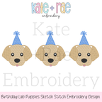 Birthday Labrador Puppy Trio Sketch Stitch Embroidery Design: Design preview of three yellow lab puppy faces with blue party hats in sketch stitch