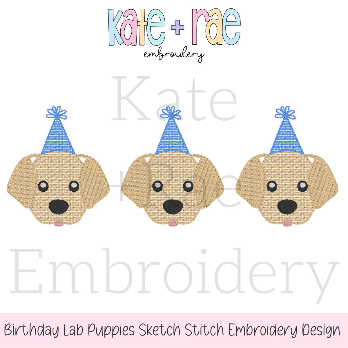 Birthday Labrador Puppy Trio Sketch Stitch Embroidery Design: Design preview of three yellow lab puppy faces with blue party hats in sketch stitch