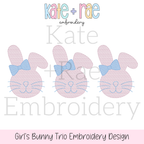 Girl's Easter Bunny Trio Sketch Stitch Embroidery Design: Design preview of three pink sketch bunnies with blue bows, available in 5x5, 5x7, 6x6, 7x7, and 8x8