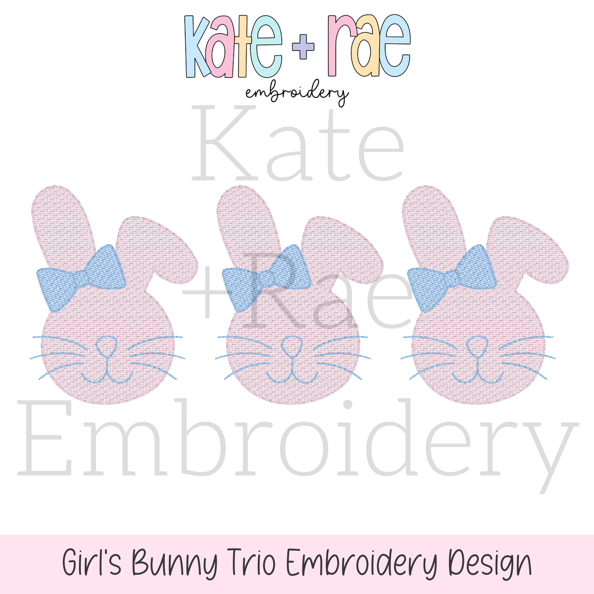 Girl's Easter Bunny Trio Sketch Stitch Embroidery Design: Design preview of three pink sketch bunnies with blue bows, available in 5x5, 5x7, 6x6, 7x7, and 8x8