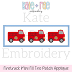 Firetruck Mini Fill Stitch with Patch Satin Applique Embroidery Design: Design preview of three red fill stitch firetrucks on a blue rectangle satin applique patch