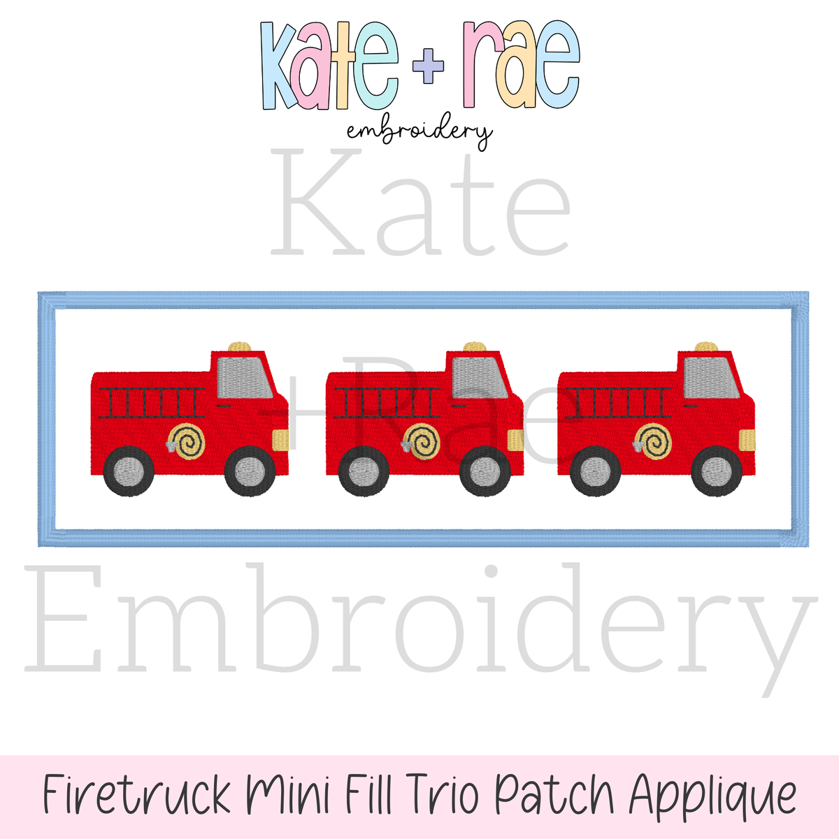 Firetruck Mini Fill Stitch with Patch Satin Applique Embroidery Design: Design preview of three red fill stitch firetrucks on a blue rectangle satin applique patch