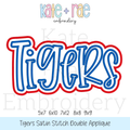 Tigers Satin Stitch Double Applique Embroidery Design: Design preview of the word Tigers in blue with a red satin double outline, available in 5x7, 6x10, 7x12, 8x8, and 9x9