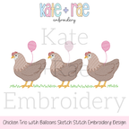 Chicken Trio with Birthday Balloons Sketch Stitch Embroidery Design: Design preview of three brown sketch stitch chickens with pink balloons on grass