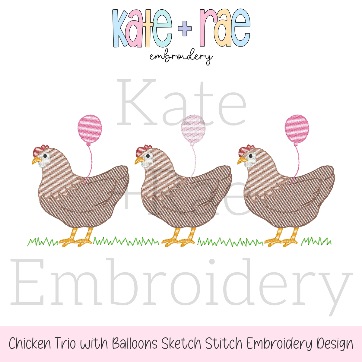 Chicken Trio with Birthday Balloons Sketch Stitch Embroidery Design: Design preview of three brown sketch stitch chickens with pink balloons on grass