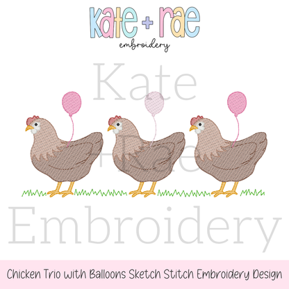 Chicken Trio with Birthday Balloons Sketch Stitch Embroidery Design
