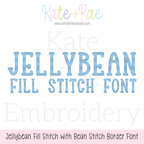 Jellybean Fill Stitch with Bean Border Machine Embroidery Font: Font preview reading Jellybean Fill Stitch Font in light blue