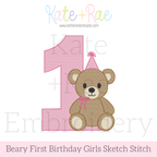 Girl's Beary First Birthday Sketch Stitch Embroidery Design: Design preview of a pink sketch number 1 with a teddy bear in a pink party hat and bow