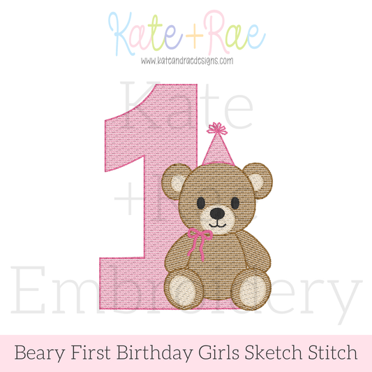 Girl's Beary First Birthday Sketch Stitch Embroidery Design