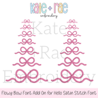 Flowy Bow Font Add On Embroidery Design: Design preview of pink flowy bow end add ons in seven sizes