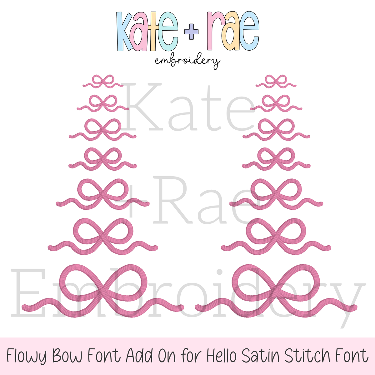 Flowy Bow Font Add On Embroidery Design: Design preview of pink flowy bow end add ons in seven sizes