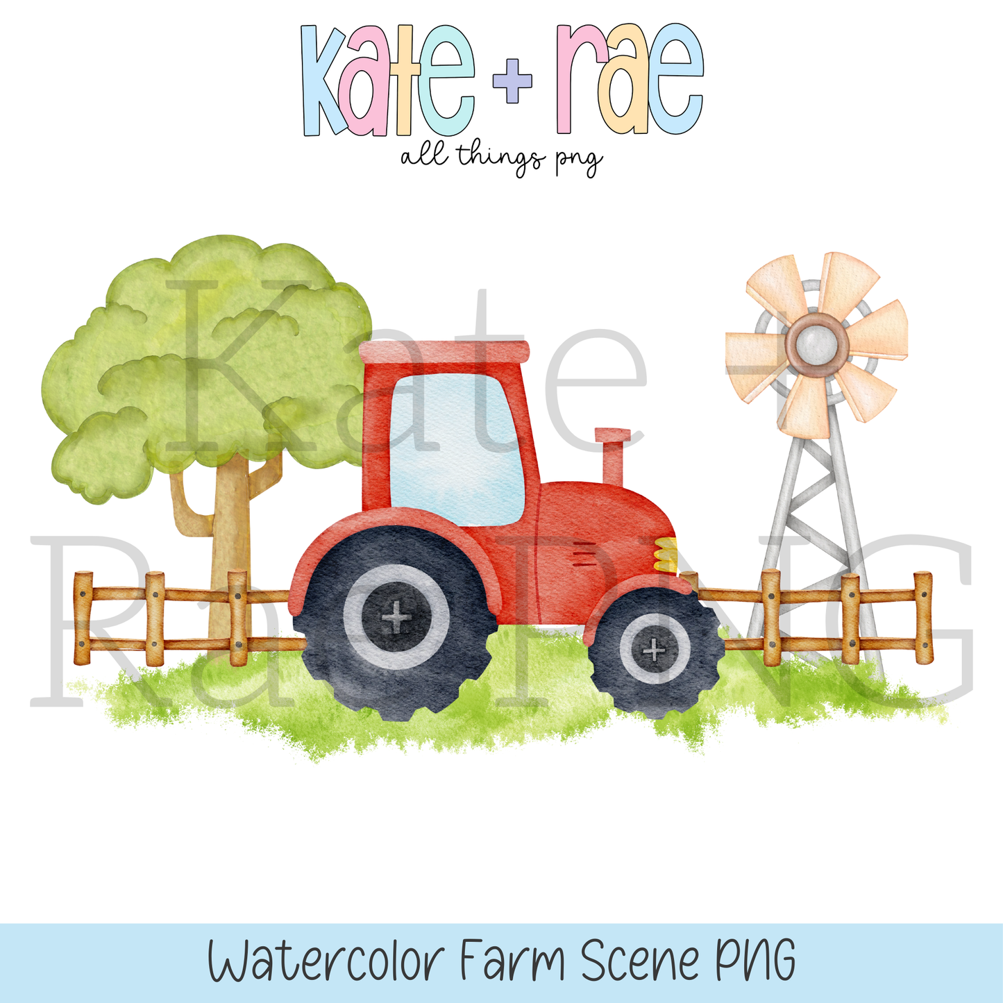 Watercolor Tractor and Farm Scene PNG