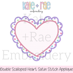 Scalloped Double Heart Satin Stitch Applique Embroidery Design: Design preview of a pink polka dot double scalloped heart with a lavender scalloped edge for satin stitch applique