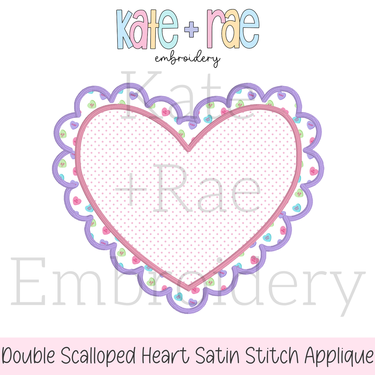Scalloped Double Heart Satin Stitch Applique Embroidery Design: Design preview of a pink polka dot double scalloped heart with a lavender scalloped edge for satin stitch applique