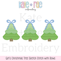 Girls Sketch Stitch Christmas Tree Trio with Bows Embroidery Design: Design preview of three green sketch stitch Christmas trees with blue bows on top