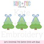 Girls Sketch Stitch Christmas Tree Trio with Bows Embroidery Design: Design preview of three green sketch stitch Christmas trees with blue bows on top