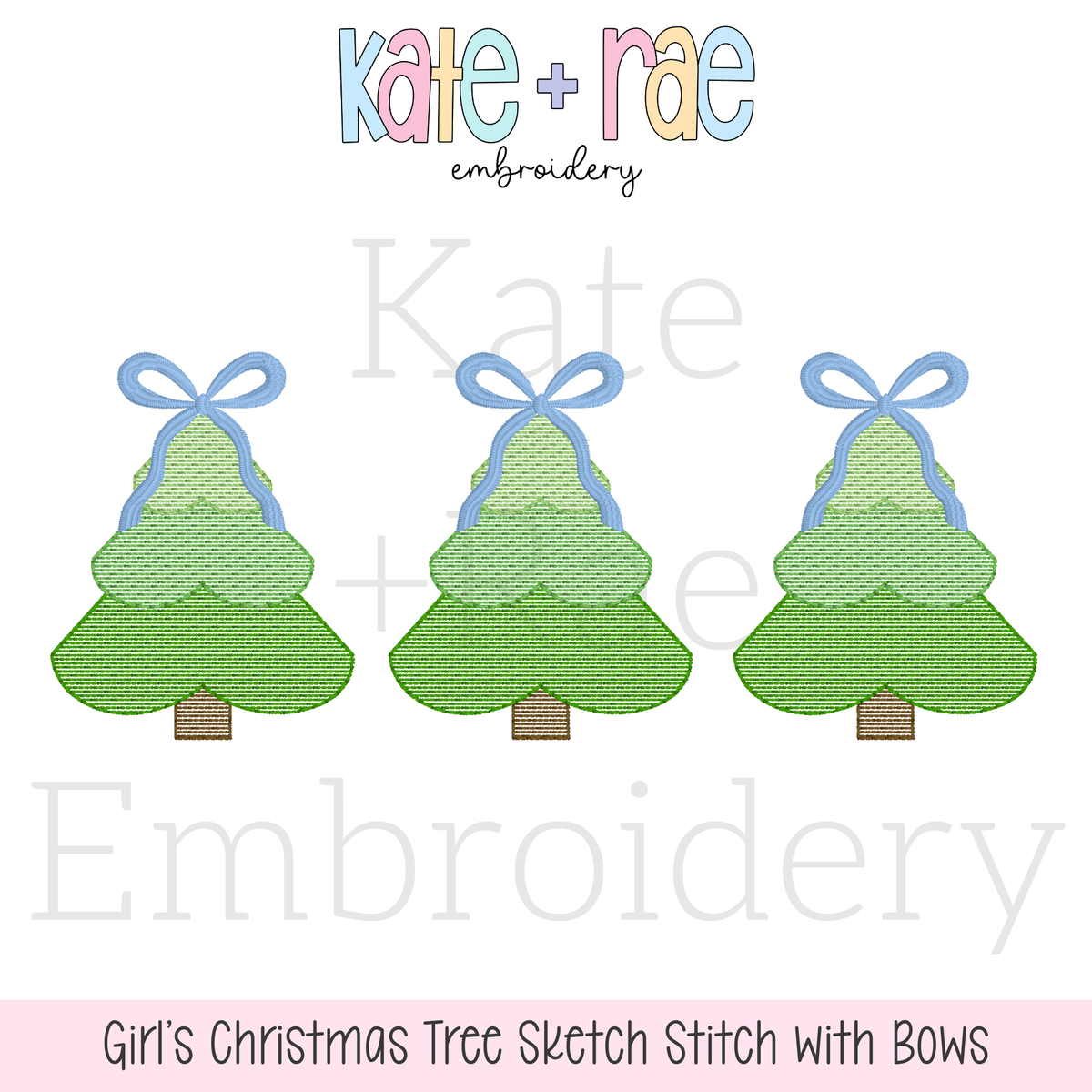 Girls Sketch Stitch Christmas Tree Trio with Bows Embroidery Design: Design preview of three green sketch stitch Christmas trees with blue bows on top
