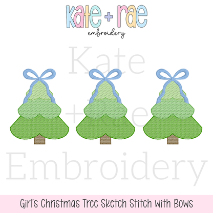 Girls Sketch Stitch Christmas Tree Trio with Bows Embroidery Design