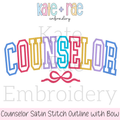 Curved Counselor with Bow Satin Stitch Outline Embroidery Design: Design preview of COUNSELOR in multicolor curved collegiate satin outline letters with a pink bow
