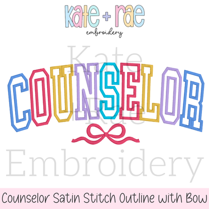 Curved Counselor with Bow Satin Stitch Outline Embroidery Design