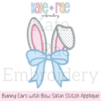 Easter Bunny Ears with Kinley Bow Satin Stitch Applique Embroidery Design: Design preview of gray and pink bunny ears satin applique with a light blue bow