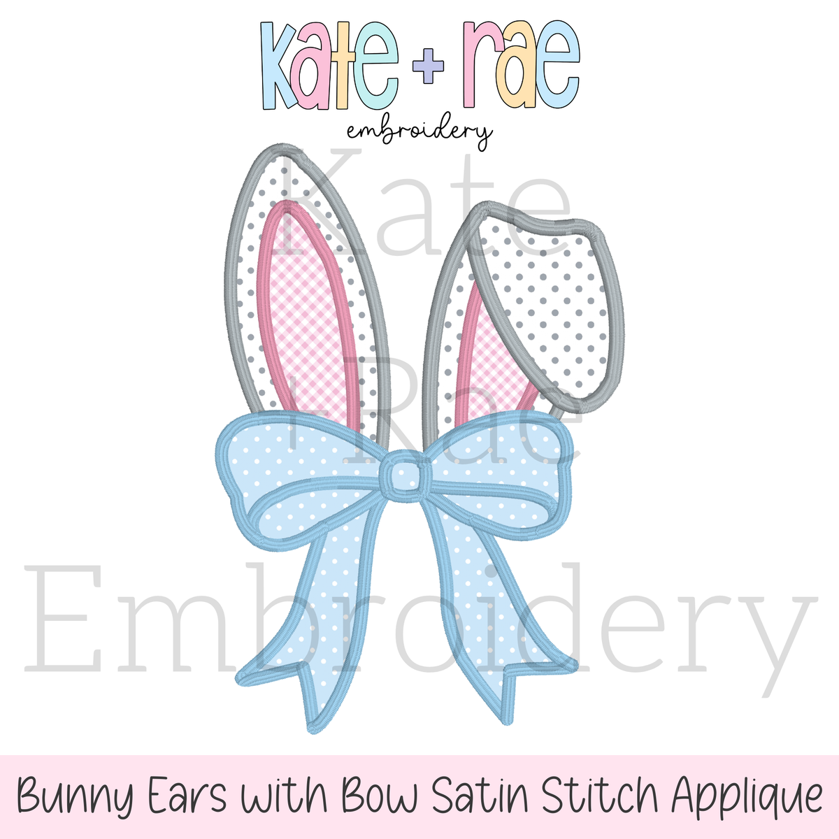 Easter Bunny Ears with Kinley Bow Satin Stitch Applique Embroidery Design: Design preview of gray and pink bunny ears satin applique with a light blue bow