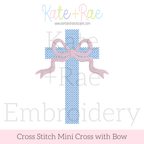 Cross Stitch Mini Cross with Bow Embroidery Design: Design preview of a blue cross stitch mini cross with a pink bow