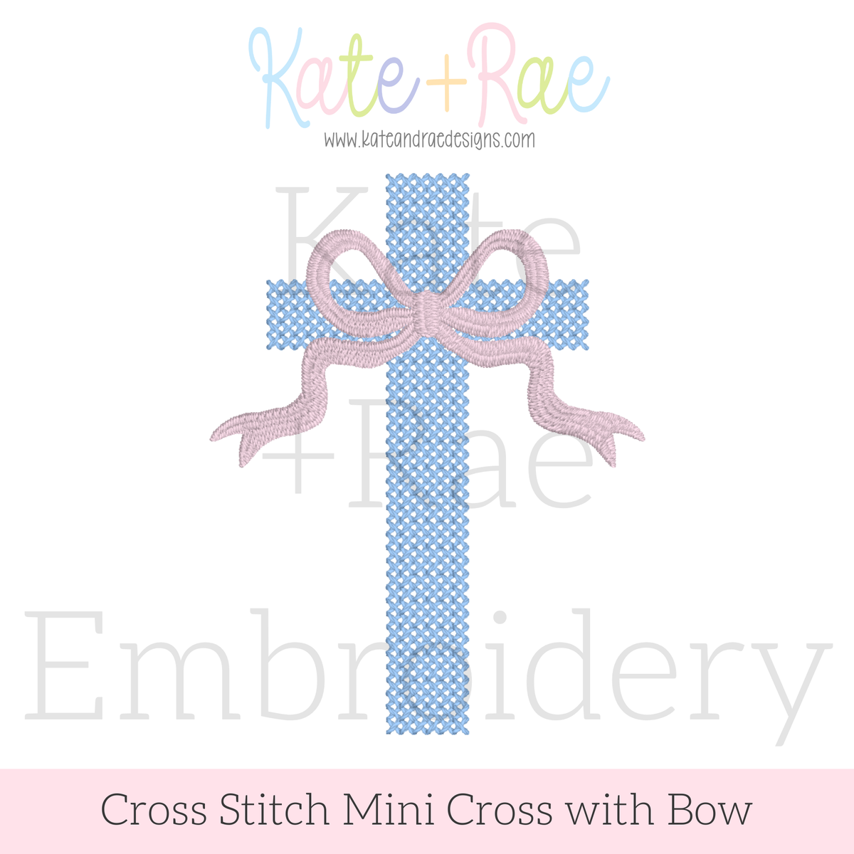 Cross Stitch Mini Cross with Bow Embroidery Design: Design preview of a blue cross stitch mini cross with a pink bow