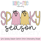 Girls Spooky Season Sketch Stitch Embroidery Design: Design preview of SPOOKY with pink and yellow sketch stitch ghosts wearing bows above season
