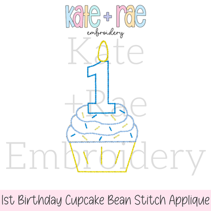1st Birthday Cupcake Bean Stitch Applique Embroidery Design