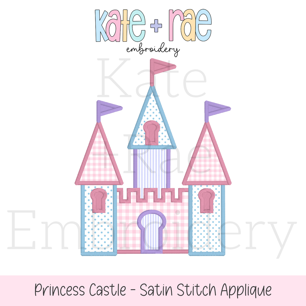Princess Castle Satin Stitch Applique Embroidery Design: Design preview of a pink and blue gingham princess castle satin stitch applique