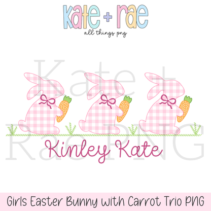 Girl's Pink Gingham Easter Bunny Trio with Carrots Faux Applique PNG