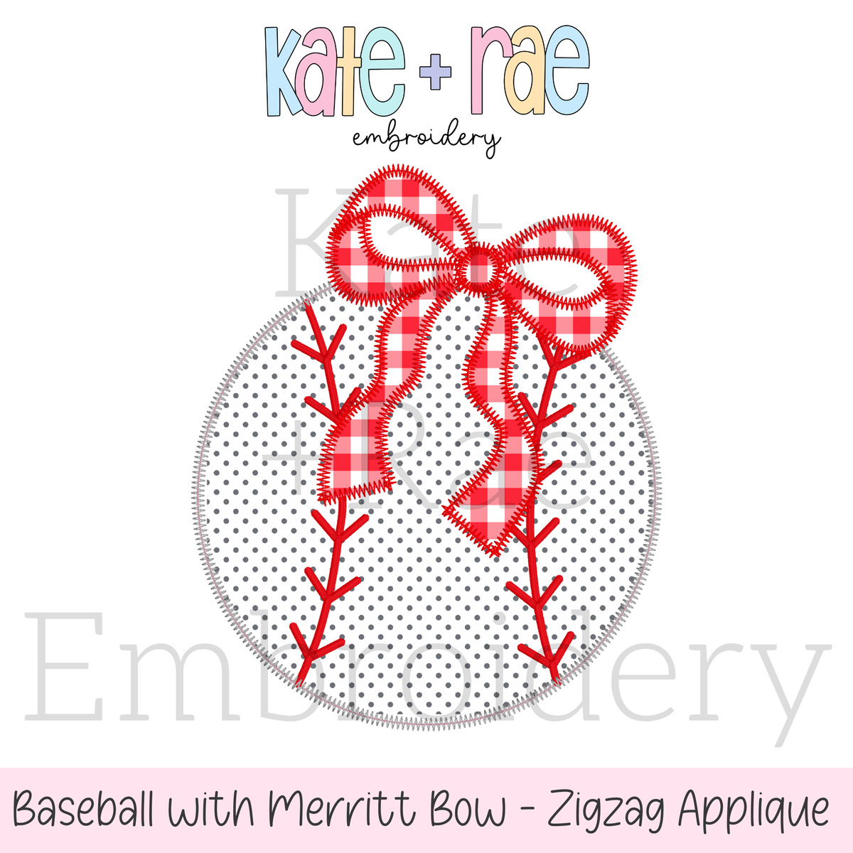 Baseball/ Softball with Merritt Bow Zigzag Stitch Embroidery Design: Design preview of a zigzag outline baseball with a red gingham Merritt bow
