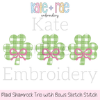 Plaid Shamrock Trio with Bows Sketch Stitch Embroidery Design: Design preview of three green gingham sketch stitch shamrocks with pink bows