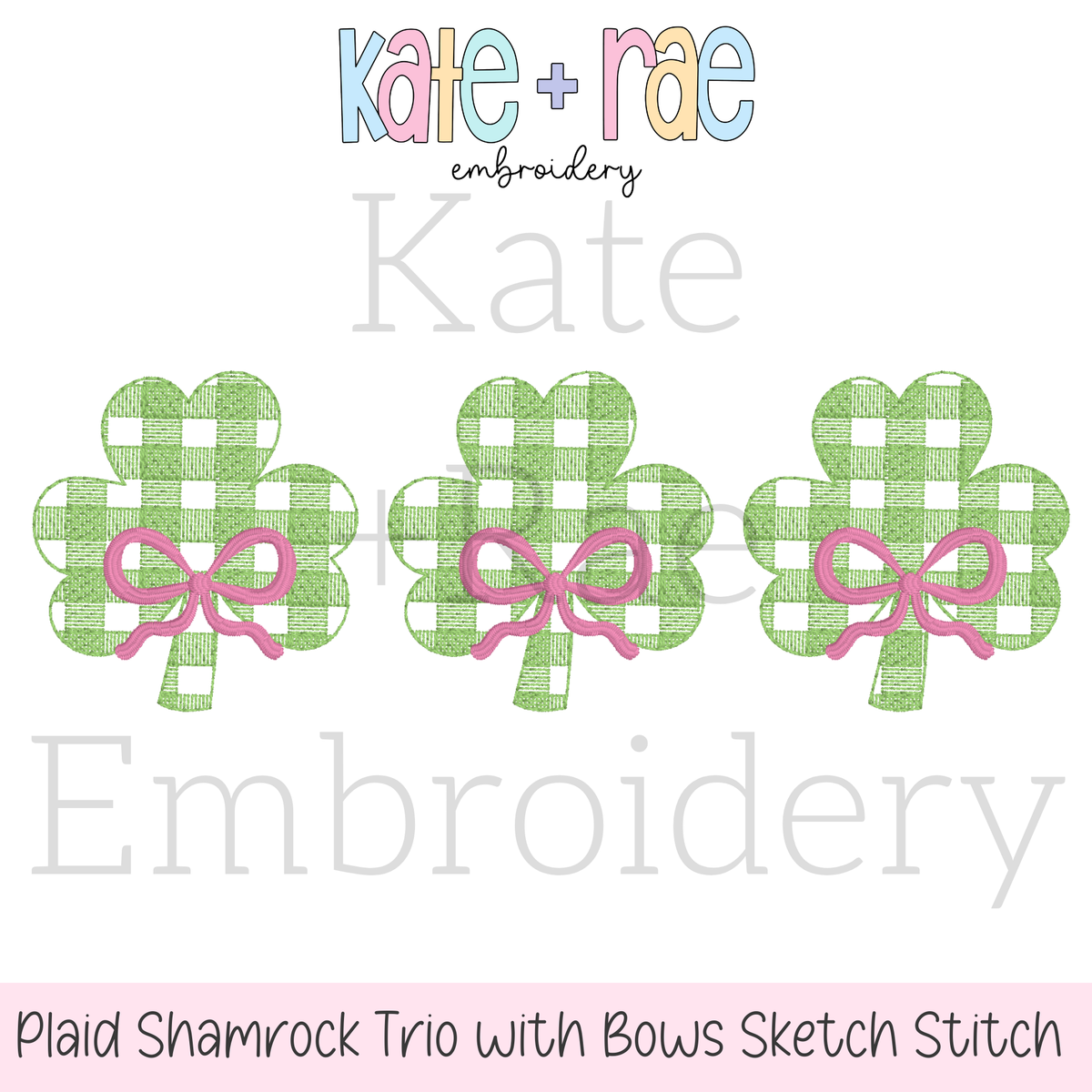 Plaid Shamrock Trio with Bows Sketch Stitch Embroidery Design: Design preview of three green gingham sketch stitch shamrocks with pink bows
