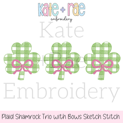 Plaid Shamrock Trio with Bows Sketch Stitch Embroidery Design