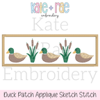 Mallard Ducks and Cattails Sketch Stitch with Satin Applique Patch Embroidery Design: Design preview of mallard ducks and cattails on a tan rectangle satin applique patch