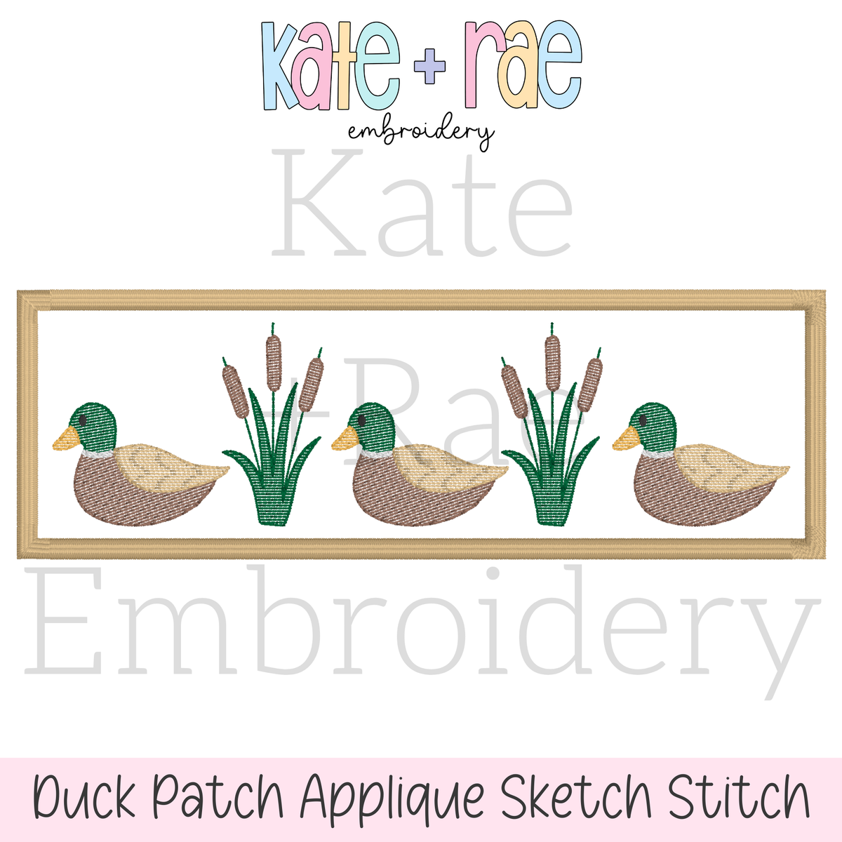 Mallard Ducks and Cattails Sketch Stitch with Satin Applique Patch Embroidery Design: Design preview of mallard ducks and cattails on a tan rectangle satin applique patch