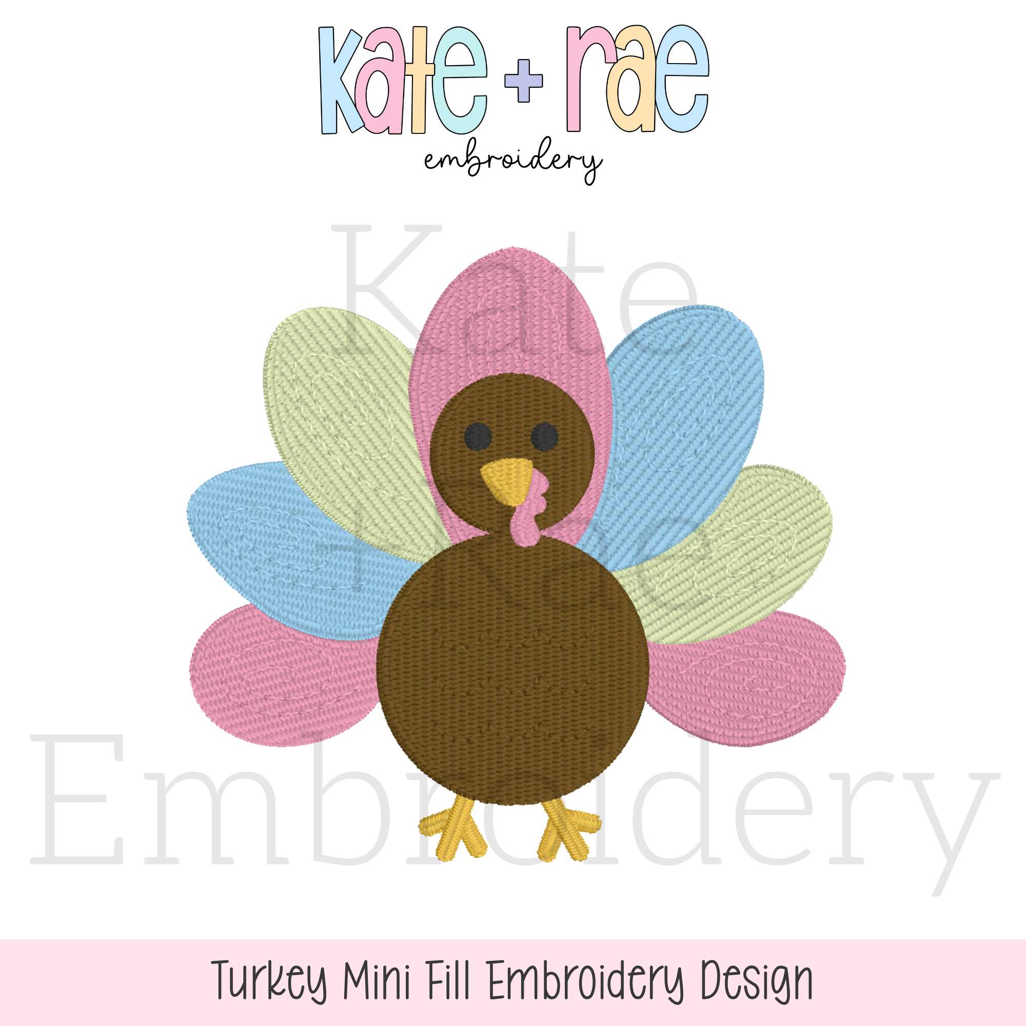 Thanksgiving Turkey Mini Fill Stitch Machine Embroidery Design: Design preview of a mini fill stitch turkey with pastel tail feathers