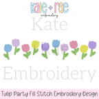 Tulip Party Fill Stitch Embroidery Design: Design preview of a row of pastel fill stitch tulips in blue, pink, yellow, and purple