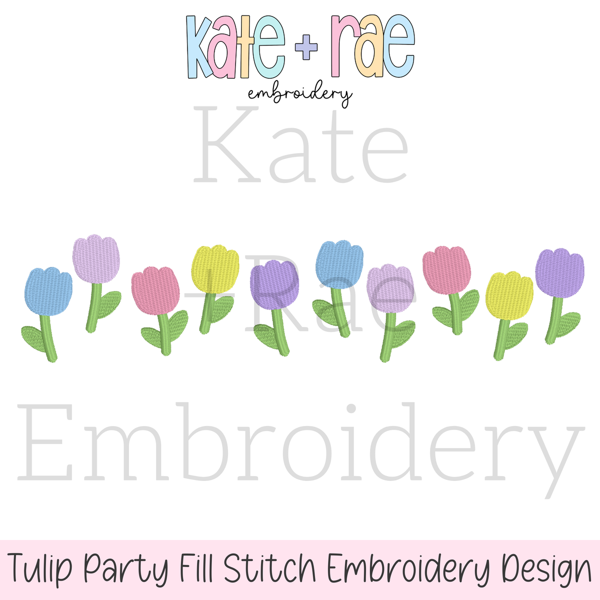 Tulip Party Fill Stitch Embroidery Design: Design preview of a row of pastel fill stitch tulips in blue, pink, yellow, and purple
