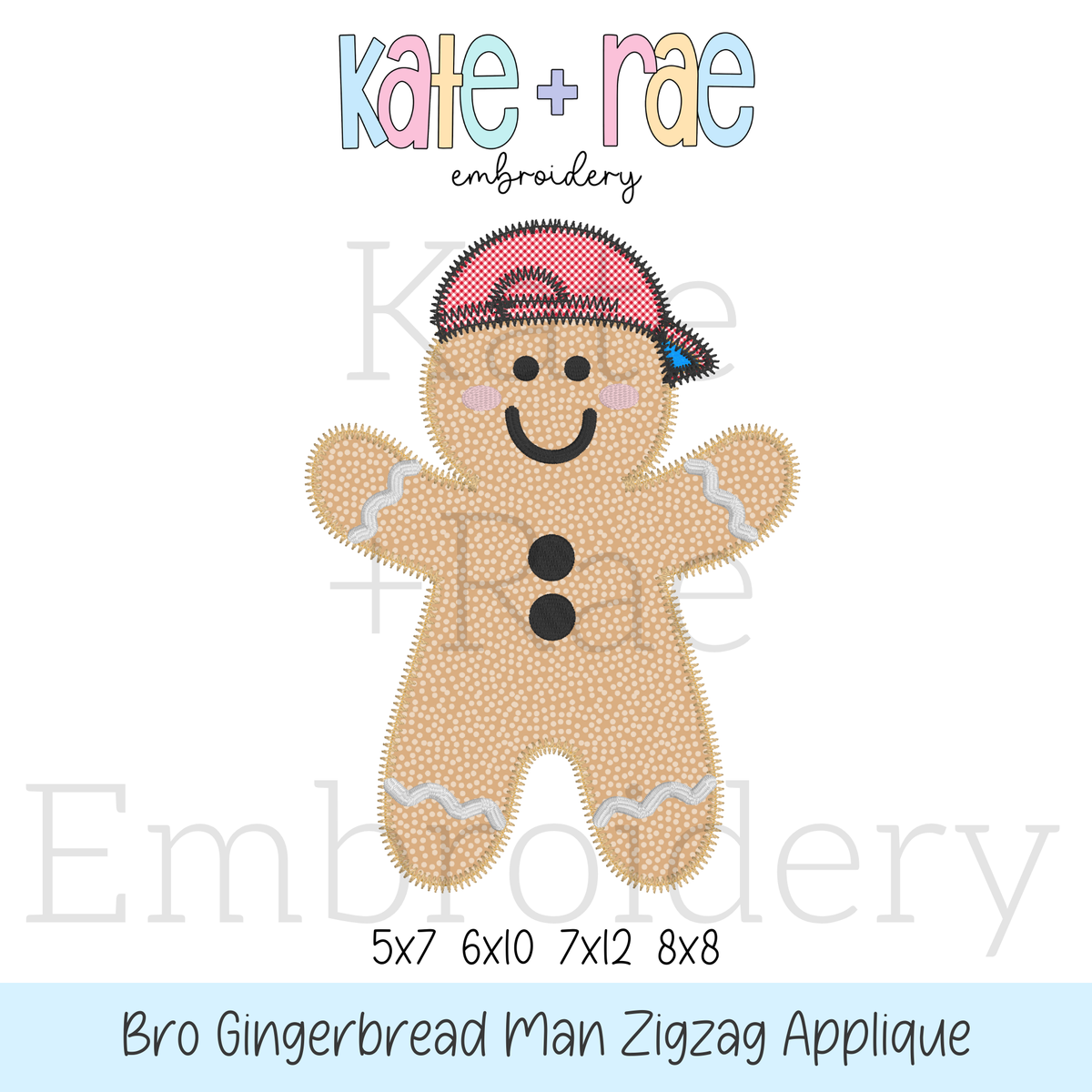 Boy's Gingerbread Man Zigzag Applique Embroidery Design: Design preview of a tan zigzag applique gingerbread man wearing a pink cap, available in 5x7, 6x10, 7x12, and 8x8