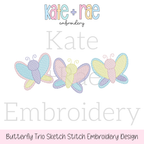 Butterfly Trio Sketch Stitch Embroidery Design: Design preview of three pastel sketch stitch butterflies in a row