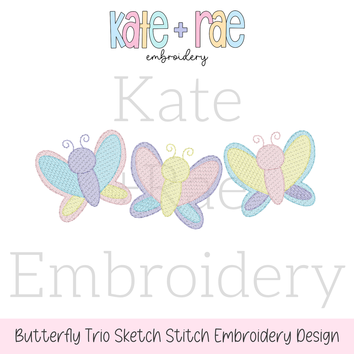 Butterfly Trio Sketch Stitch Embroidery Design: Design preview of three pastel sketch stitch butterflies in a row